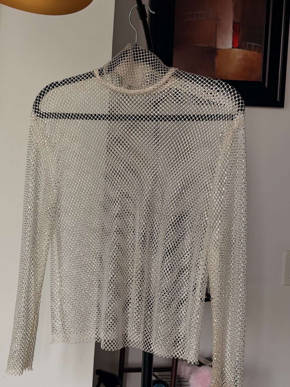 De Base Sheer Metallic Silver Long-Sleeve Mesh Top